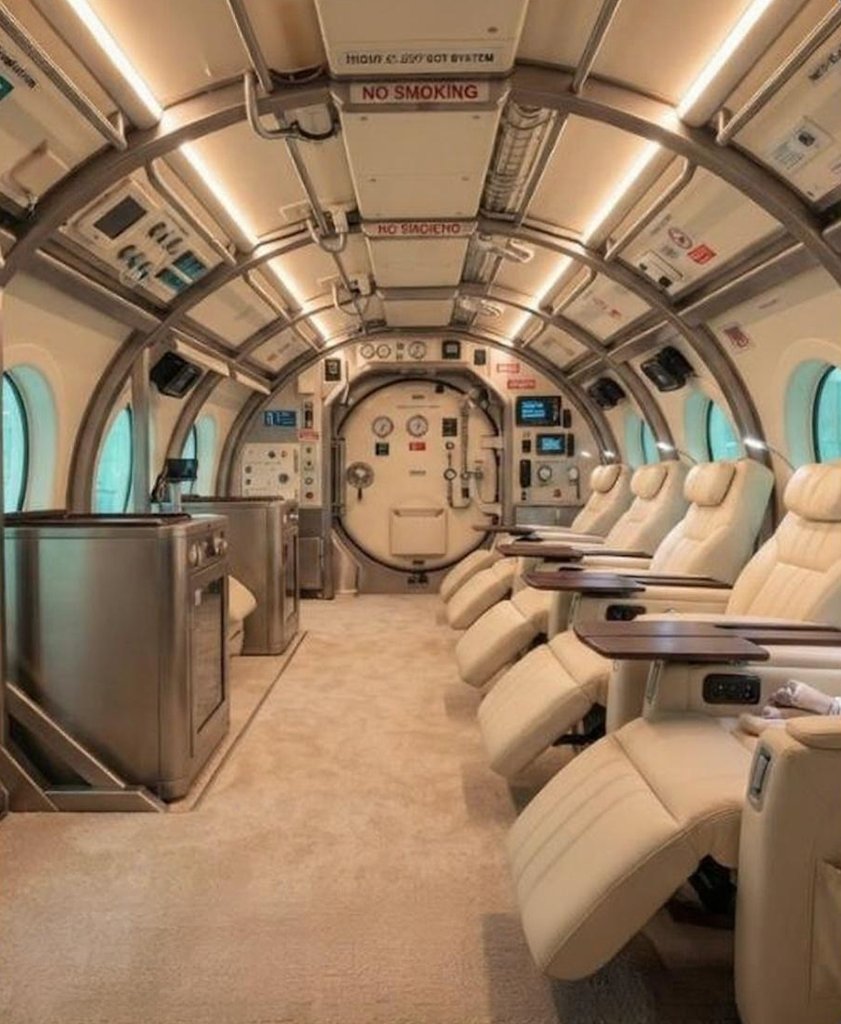 Interior of the multiplace hyperbaric oxygen chamber with comfortable seating for multiple patients